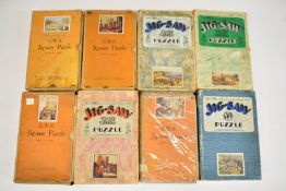 Eight Chad Valley GWR jigsaw puzzles comprising Windsor Castle, Historic Totnes, Fishguard Aug 1797,