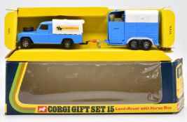 Corgi Toys diecast model Gift Set 15 Land-Rover and Rice's Beaufort Double Horse Box with blue and