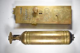 Heavy brass Etas No 5 penny in slot coin operated door lock and a Autominimax fire extinguisher