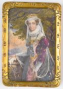19th or early 20thC continental portrait miniature of a noble lady wearing a crown and gold thread