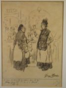 George Belcher (1875-1947) charcoal study of two ladies at a bar, with caption below, signed lower