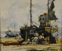 John Bassage (20thC British), oil on canvas 'The Mackerel Catch' beached boats, signed lower right