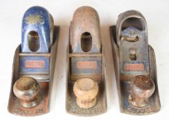 Three Record woodworking block planes comprising No 0110, 0120 and 0220