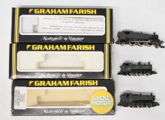 Three Graham Farish GWR N gauge model railway tank locomotives, two pannier and one prairie, all