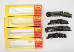 Four Hornby Minitrix N gauge model railway locomotives Evening Star, Britannia and two Ivatt
