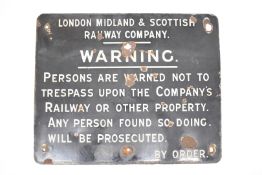 London Midland and Scottish Railway vintage enamel trespass sign, 45.5 x 56cm