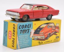 Corgi Toys diecast model Marlin Rambler Sports Fastback with red body, black roof and cream
