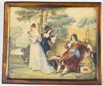 Miniature continental watercolour on card of three figures in a garden with landscape beyond,
