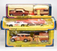 Three Corgi diecast model gift sets comprising numbers 24 Mercedes-Benz 240D & Touring Caravan, 38