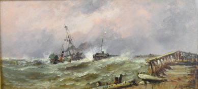 Henry Valter (1831-1898) oil marine study, paddle tug towing a sailing ship or brig at Old Calais