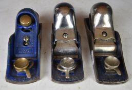 Three Record woodworking block planes comprising No 09 1/2, 018 and 019