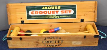 Jacques Oxford pattern croquet set in, stencilled wooden crate with rope handles, 110 x 27cm