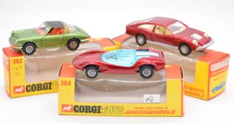 Three Corgi Toys Whizzwheels diecast model sports cars comprising Marcus Mantis 312, Porsche Targa