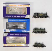Three Dapol N gauge model railway locomotives GWR pannier, GWR Terrier and SR M7, all original
