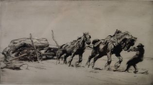 George Soper (1870-1942) signed etching Timber Hauling No 1 etching, 17 x 29cm, in beech frame
