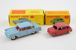 Two Dinky Toys diecast model vehicles Opel Kapitan with blue body and red interior 177 and Fiat