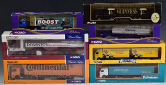 Seven Corgi 1:50 and 1:64 scale diecast model lorries to include M.A.N. Curtainside Continental