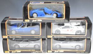 Five Maisto 1:18 scale diecast model sportscars to include Bugatti EB110, Lamborghini Diablo SV
