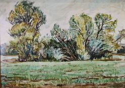 Oil on board impressionist landscape of trees, 56 x 78cm, in gilt frame