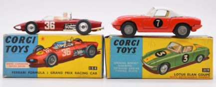 Two Corgi Toys diecast model cars comprising Ferrari Formula 1 Grand Prix Racing Car 154 and Lotus