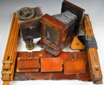 19thC mahogany plate camera, with brass fittings, Thornton Pickard shutter and f8 lens, together