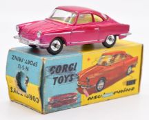 Corgi Toys diecast model NSU Sport Prinz with metallic pink body, cream interior and silver hubs,