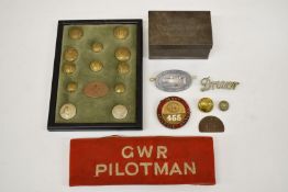 Railwayana and collectables to include Derby licenced driver enamel badge, GWR pilotman armband, GWR
