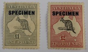 Australia 1937-49 10s purple and £1 slate m/mint overpainted 'specimen', SG137 and SG138