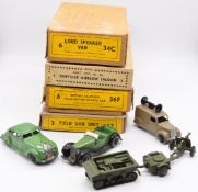 Four Dinky Toys diecast model vehicles and vehicle sets comprising Loud Speaker Van 34C, Field Gun
