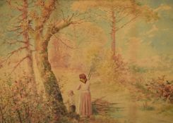 Early 20thC watercolour landscape with lady and child looking out from behind a tree, 48 x 66cm