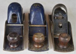 Three Record woodworking block planes comprising No 0110, 0120 and 0220