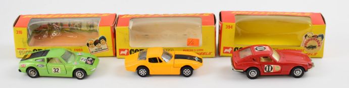 Three Corgi Toys Whizzwheels diecast model cars comprising Ford GT 70 316, Marcos 3 Litre 377 and
