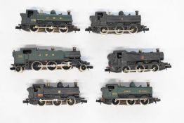 Six Graham Farish N gauge model railway locomotives GWR prairie tank and five GWR/BR pannier tanks.