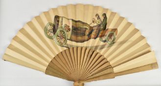 José Vanarro y Llorens Codorniu champagne advertising fan decorated with two figures driving a car