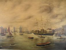 J. Penn oil on canvas River Thames, London, with sailing, steam and other shipping beside warehouses