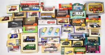 A collection of diecast cars, buses and lorries including Corgi, Dinky, Oxford, EFE and Kyosho,
