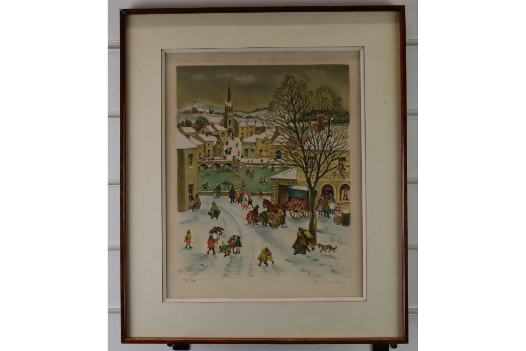 Paul Lemasson (1897-1971) signed limited edition (96/300) print winter townscape with skaters on the - Image 2 of 4