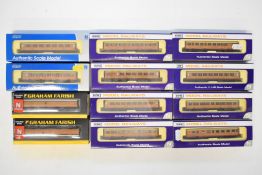 Twelve Dapol and Graham Farish LNER N gauge model railway teak coaches, all in original boxes.