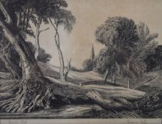Edward Bouverie Hoyton (1900-1988) signed etching landscape with church beyond 'Bindon Pool', signed