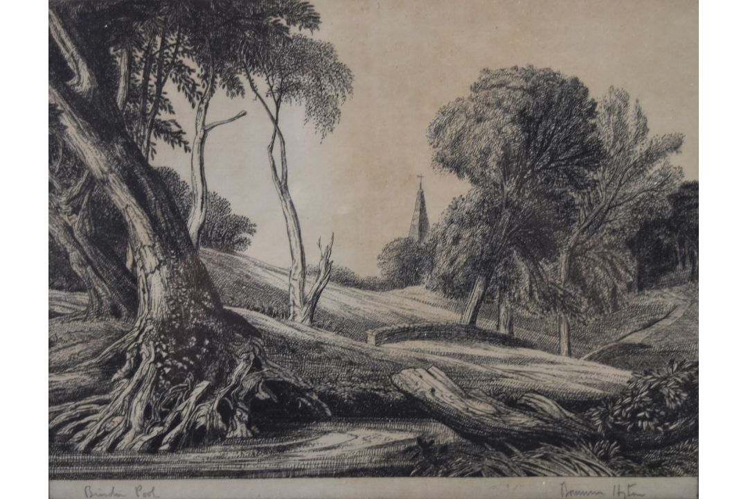 Edward Bouverie Hoyton (1900-1988) signed etching landscape with church beyond 'Bindon Pool', signed - Image 1 of 4