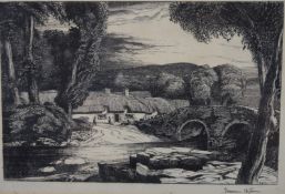 Edward Bouverie Hoyton (1900-1988) signed etching cottages beside a bridge with river and ford to