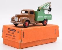 Dinky Toys diecast model Breakdown Lorry with brown cab and chassis, green bed and crane, red hubs