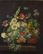 Oil on canvas still life of flowers in a vase, with snail on the table beside it, 52 x 43cm, in