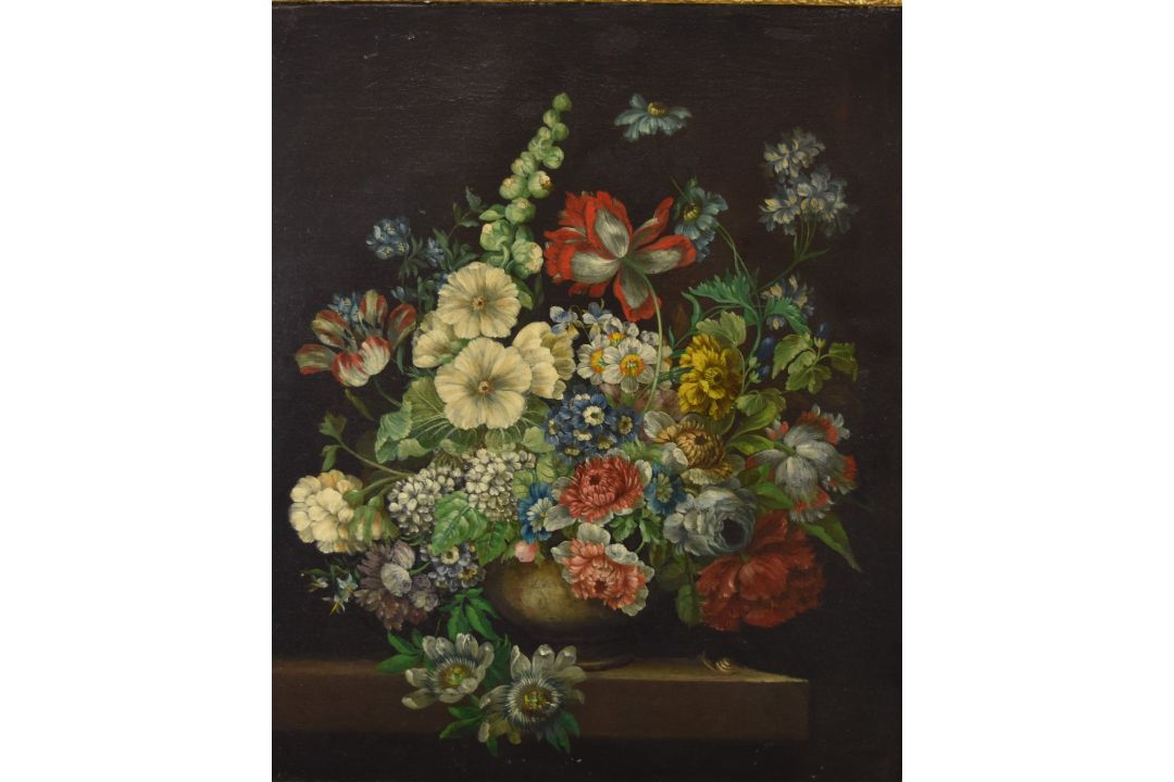 Oil on canvas still life of flowers in a vase, with snail on the table beside it, 52 x 43cm, in - Image 1 of 3
