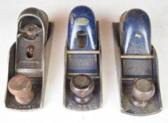 Three Record woodworking block planes comprising No 0110, 0120 and 0220