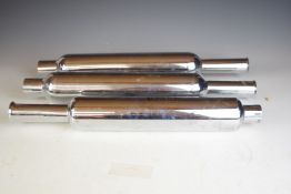 Three Ariel and Burgess motorcycle chrome silencers