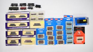 Thirty-six Dapol, Peco and Bachmann N gauge model railway wagons, most in original boxes.