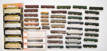 Forty Graham Farish, Arnold and Lima N gauge model railway coaches, some with boxes.