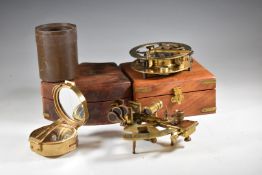 Brass sundial, sextant and natural sine compass, some boxed, width of largest case 15cm