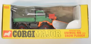 Corgi Major Toys diecast model Mercedes-Benz Unimog 406 Snow Plough with green/orange body, red hubs